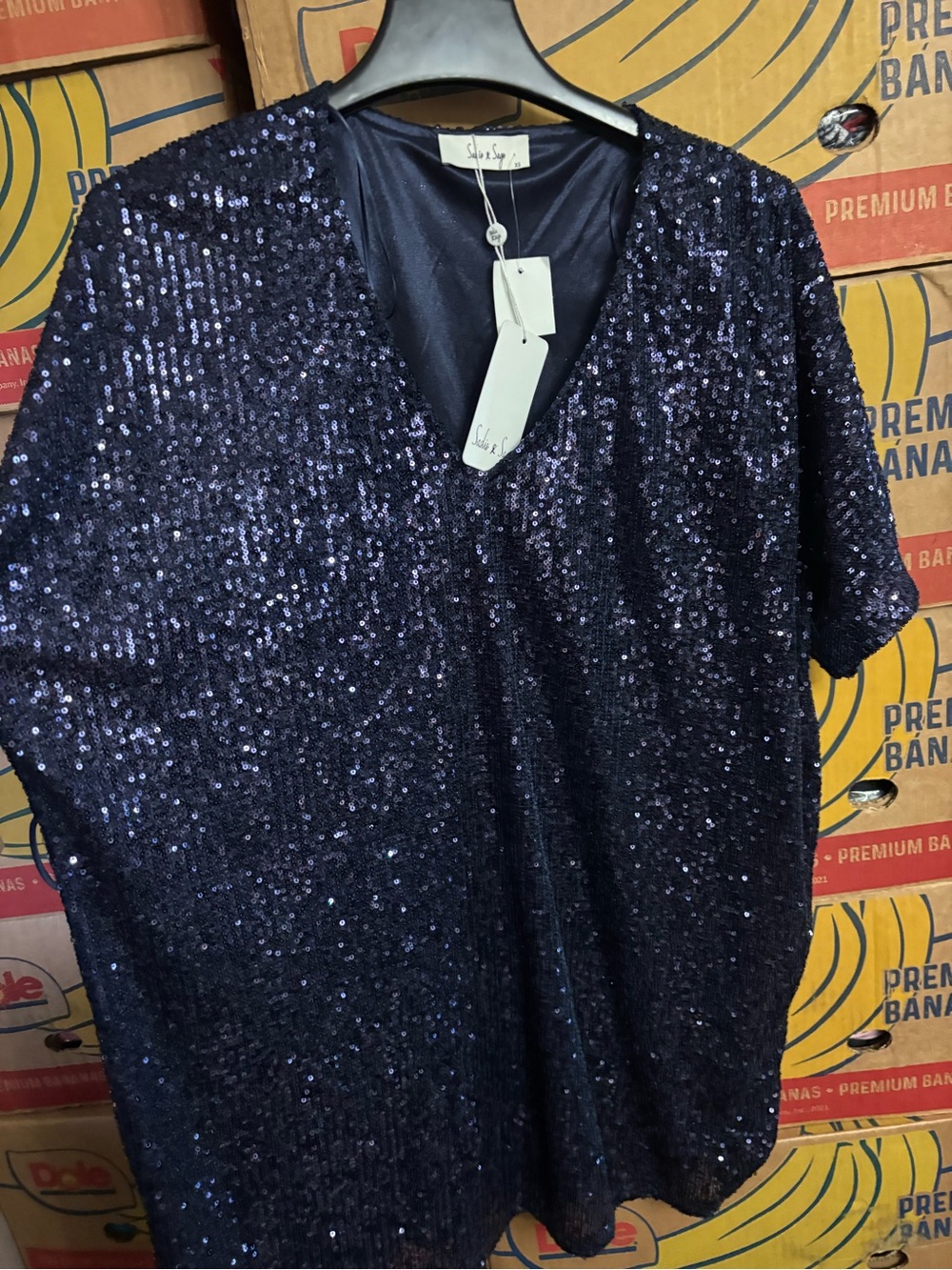 Sadi & sage xs oversized sequins party cocktail mini dress top BNWT navy glam